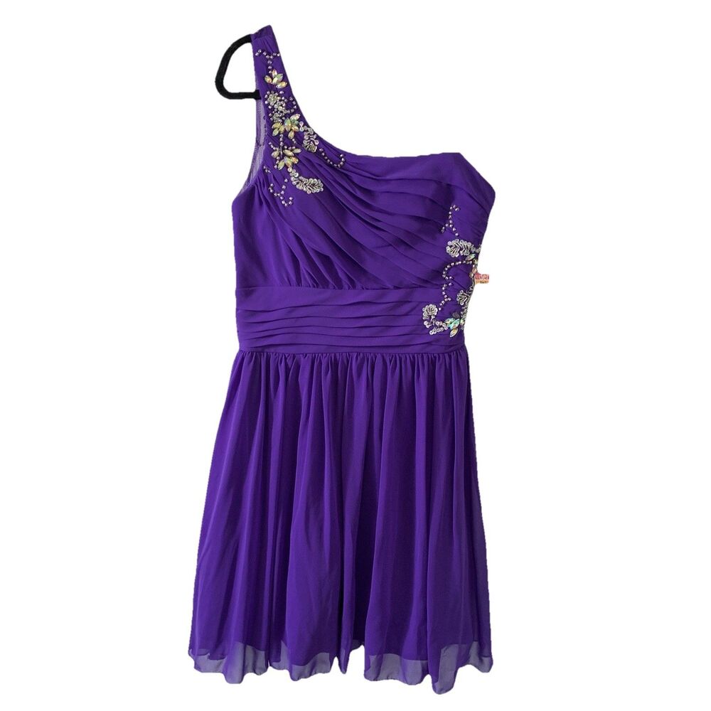Vtg Deb 7/8 Dress Formal Homecoming Prom Mini Purple One Shoulder Jewels Y2K NEW